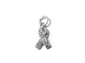 Clear Lung Cancer Awareness Ribbon with Swarovski Crystals Charm Sterling Silver 17mm Charm - SP595 - BeadPrism