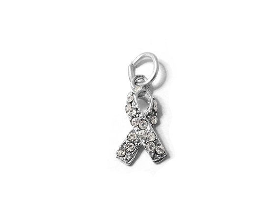 Clear Lung Cancer Awareness Ribbon with Swarovski Crystals Charm Sterling Silver 17mm Charm - SP595 - BeadPrism