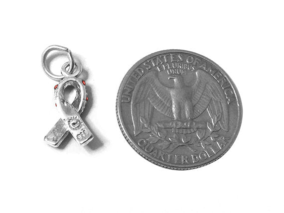Red Heart Stroke, AIDS HIV Awareness Ribbon w/ Swarovski Crystals Charm Sterling Silver 17mm - SP598 - BeadPrism