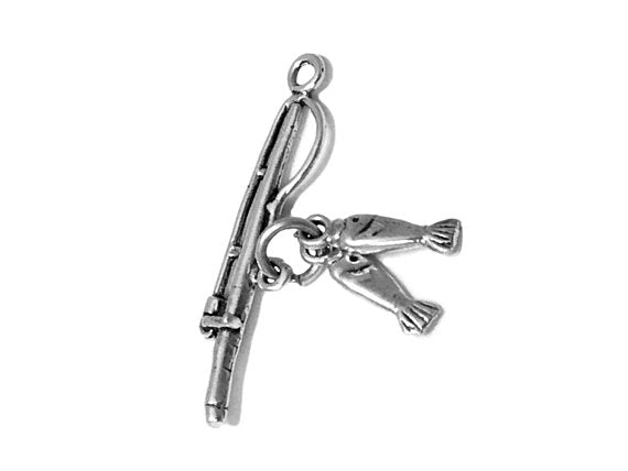 Fishing Pole with two fishes Charm Sterling Silver 28.5mm, Fishing Pole charms - SP170A - BeadPrism