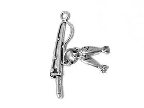 Fishing Pole with two fishes Charm Sterling Silver 28.5mm, Fishing Pole charms - SP170A - BeadPrism