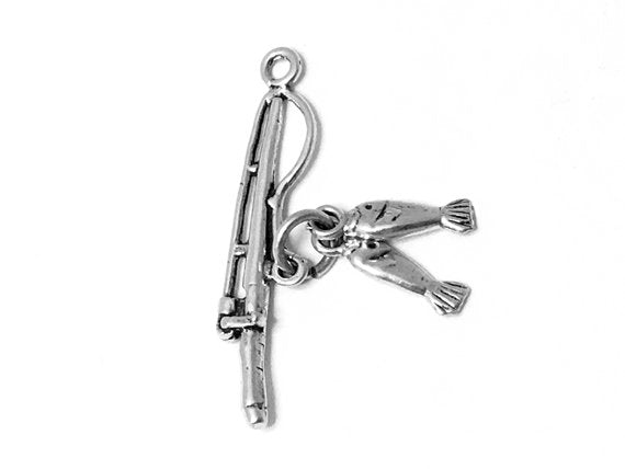 Fishing Pole with two fishes Charm Sterling Silver 28.5mm, Fishing Pole charms - SP170A - BeadPrism