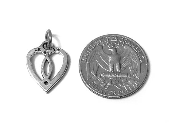 Heart with Fish Symbol Charm Sterling Silver 19mm, Heart Christian Fish Symbol charm - SP627 - BeadPrism