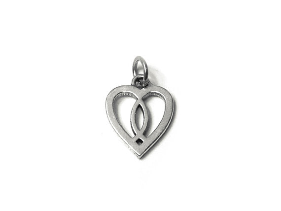 Heart with Fish Symbol Charm Sterling Silver 19mm, Heart Christian Fish Symbol charm - SP627 - BeadPrism