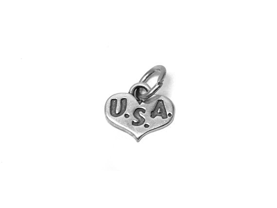 Heart with USA Charm Sterling Silver 10.5mm, American Heart Charms, Heart with USA charms - SP634 - BeadPrism