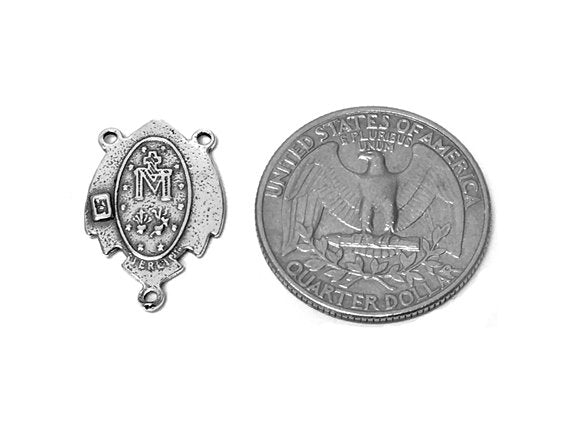 Virgin Mary Rosary Center Double Sided Pendant Sterling Silver 21.5mm, Mary Charms - SP643 - BeadPrism