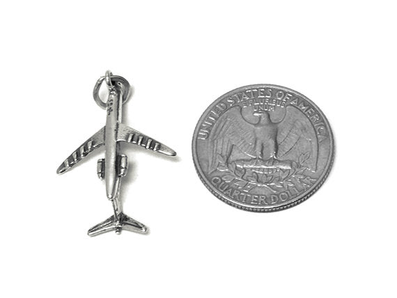 Airplane Charm Sterling Silver 30mm, Plane Charm, Pilot Charm, Travel Charm, Airplane charms - SP706 - BeadPrism