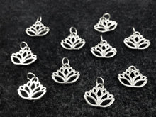 Load image into Gallery viewer, 10 Pc Lotus Flower Charm Pendant 15mm Made in USA Lead Free Pewter Silver Buddha Yoga Charm - PPP852 - BeadPrism