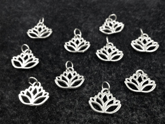 10 Pc Lotus Flower Charm Pendant 15mm Made in USA Lead Free Pewter Silver Buddha Yoga Charm - PPP852 - BeadPrism