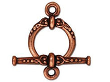 Load image into Gallery viewer, 5 Sets Heirloom Toggle Clasps 15mm Round 24mm Bar Antique Copper Finish Tierracast - P6070CA - BeadPrism