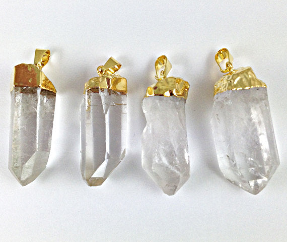 Crystal Quartz Point Pendant with Electroplated Gold Cap  WHOLESALE, Choose Quantity - DP5-CRYS - BeadPrism