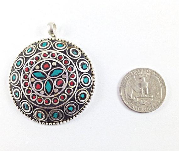 Tibetan Pendant Turquoise Coral  inlay Silver Plated - Large TP3 - BeadPrism