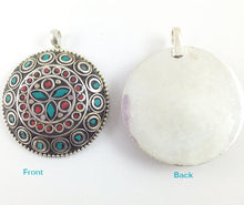 Load image into Gallery viewer, Tibetan Pendant Turquoise Coral  inlay Silver Plated - Large TP3 - BeadPrism
