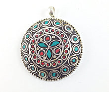 Load image into Gallery viewer, Tibetan Pendant Turquoise Coral  inlay Silver Plated - Large TP3 - BeadPrism