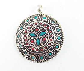 Tibetan Pendant Turquoise Coral  inlay Silver Plated - Large TP3 - BeadPrism