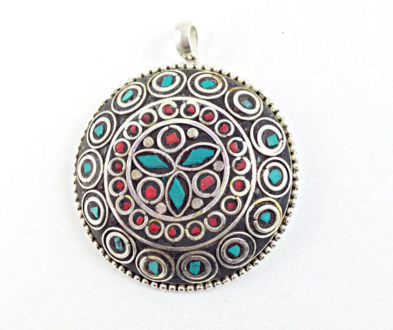 Tibetan Pendant Turquoise Coral  inlay Silver Plated - Large TP3 - BeadPrism