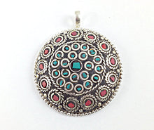Load image into Gallery viewer, Tibetan Pendant Turquoise Coral  inlay Silver Plated - Large TP4 - BeadPrism