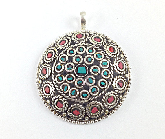 Tibetan Pendant Turquoise Coral  inlay Silver Plated - Large TP4 - BeadPrism