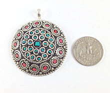Load image into Gallery viewer, Tibetan Pendant Turquoise Coral  inlay Silver Plated - Large TP4 - BeadPrism