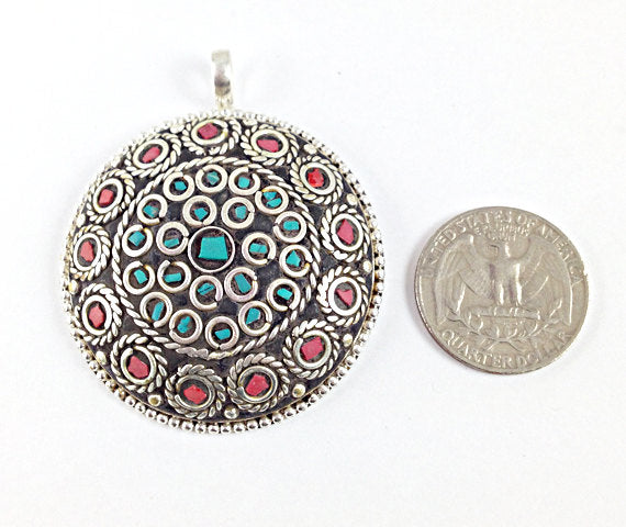 Tibetan Pendant Turquoise Coral  inlay Silver Plated - Large TP4 - BeadPrism