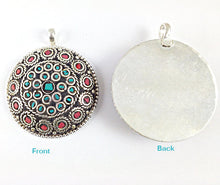 Load image into Gallery viewer, Tibetan Pendant Turquoise Coral  inlay Silver Plated - Large TP4 - BeadPrism