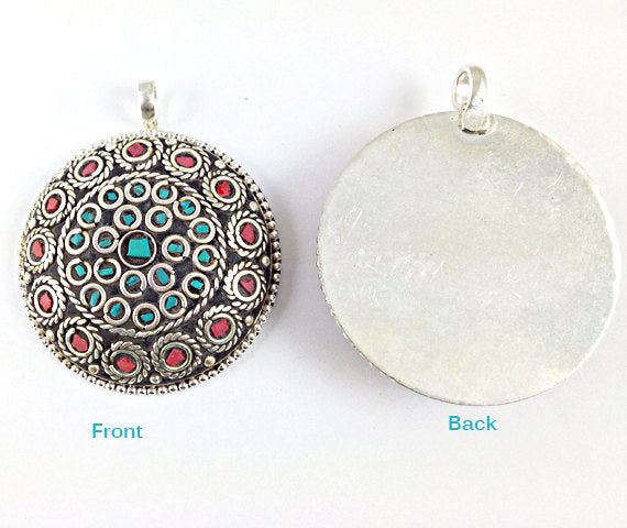 Tibetan Pendant Turquoise Coral  inlay Silver Plated - Large TP4 - BeadPrism