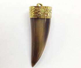 Real Horn Tusk Pendant Brown Tones - HP110 Gold - BeadPrism
