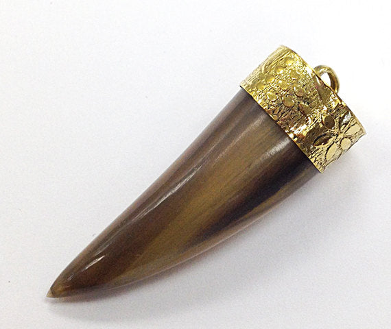 Real Horn Tusk Pendant Brown Tones - HP110 Gold - BeadPrism