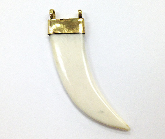 10 Pcs 2 Loop Ivory Cream Flat Bone Horn Tusk Pendant with Brass Cap 70mm X 20mm - HP105-10 - BeadPrism