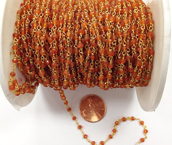 40% OFF Carnelian  3mm Faceted Gold Plated Wire Wrapped Chain - 1 Foot -CHGS3-CA - BeadPrism