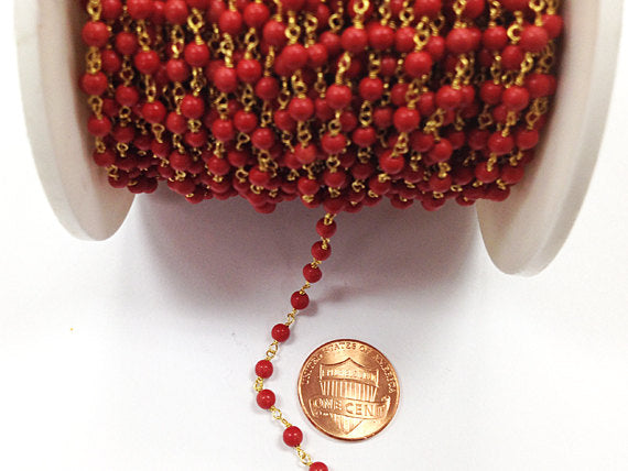 40% OFF Red Coral 3mm Gold Plated Wire Wrapped Chain -1 Foot -CHGS-RC - BeadPrism