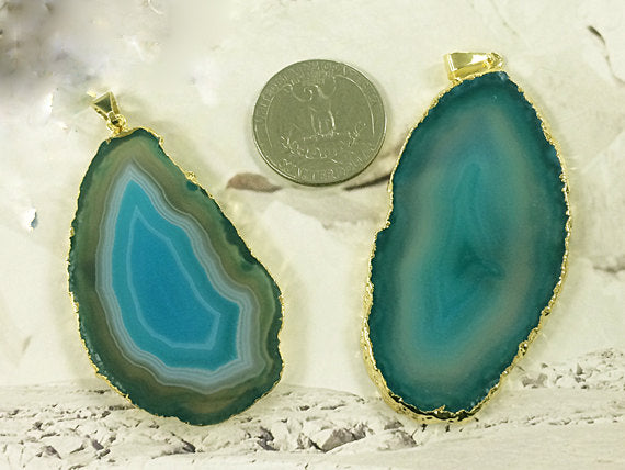 Natural Agate Slice Druzy Pendant Edged in 18K Gold, teal blue Agate Slice Pendant - Teal DP9-AS - BeadPrism