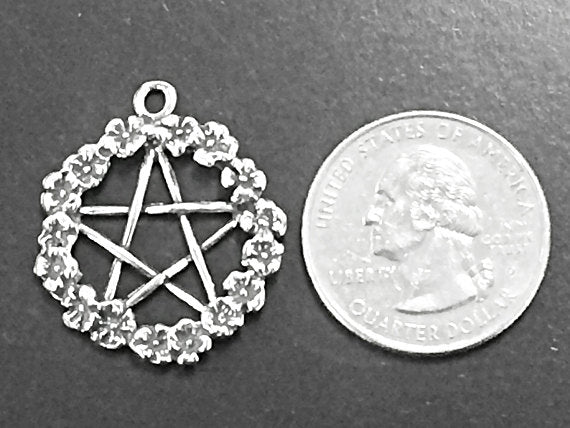 Silver Pentacle Pendant, Silver Flower Garland Pentacle, Sterling Silver Pentagram Pendant - SP14 - BeadPrism