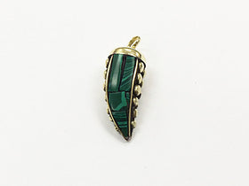 Tibetan Horn Tusk tooth Pendant Malachite Inlaid with brass dots and gold cap (TP100-ML) - BeadPrism