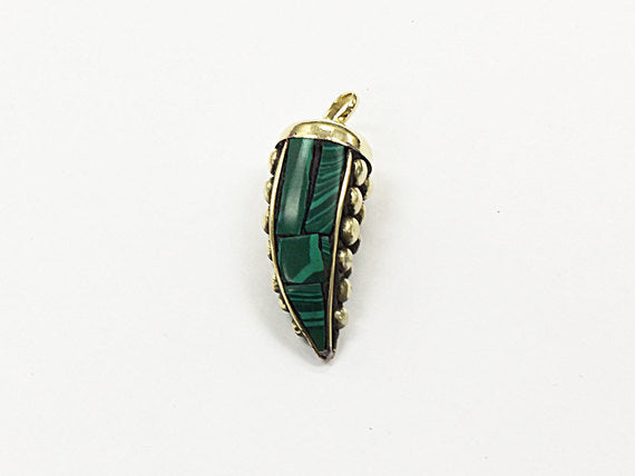 Tibetan Horn Tusk tooth Pendant Malachite Inlaid with brass dots and gold cap (TP100-ML) - BeadPrism