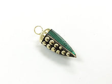 Load image into Gallery viewer, Tibetan Horn Tusk tooth Pendant Malachite Inlaid with brass dots and gold cap (TP100-ML) - BeadPrism