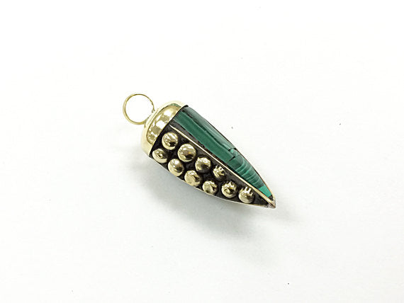 Tibetan Horn Tusk tooth Pendant Malachite Inlaid with brass dots and gold cap (TP100-ML) - BeadPrism