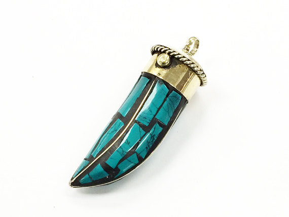 Tibetan Horn Tusk tooth Pendant Turquoise Inlaid with brassgold cap (TP101-TQ) - BeadPrism