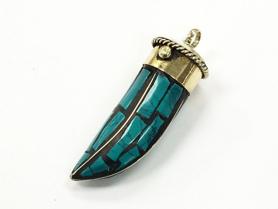 Tibetan Horn Tusk tooth Pendant Turquoise Inlaid with brassgold cap (TP101-TQ) - BeadPrism