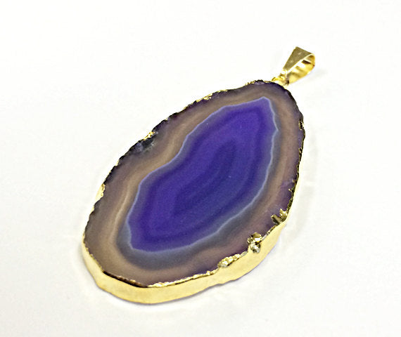 Violet Purple Agate Slice Druzy Pendant Edged in 18K Gold, 18kt Gold Edged Druzzy pendants - DP-AS - BeadPrism
