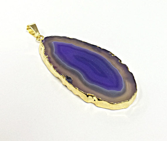 Violet Purple Agate Slice Druzy Pendant Edged in 18K Gold, 18kt Gold Edged Druzzy pendants - DP-AS - BeadPrism
