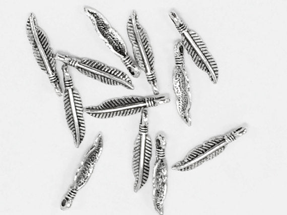 Tiny Pewter Feather Charm Antique Silver Finish 25 Pcs Bulk - PP120 - BeadPrism