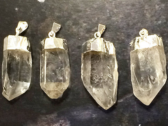 1 Pc Raw Crystal Quartz Point Pendant Silver Capped, Crystal Quartz Point,  1.5 INCH - WHOLESALE DP5 - BeadPrism