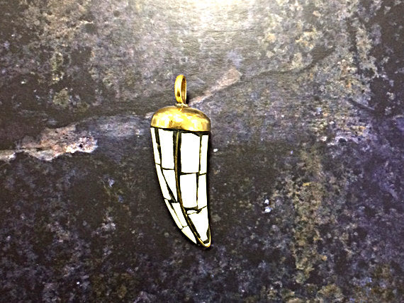 Ivory Color Mosiac Tibetan Brass Horn Tusk Pendant 2 INCH 131005 - BeadPrism