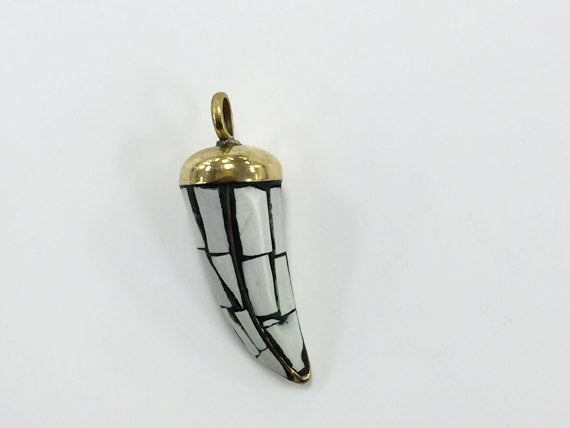Ivory Color Mosiac Tibetan Brass Horn Tusk Pendant 2 INCH 131005 - BeadPrism