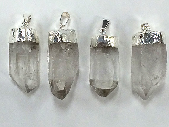 3Pc Raw Crystal Quartz Point Pendant Silver Capped, 1.5 INCH - WHOLESALE DP5-Crys-3 - BeadPrism