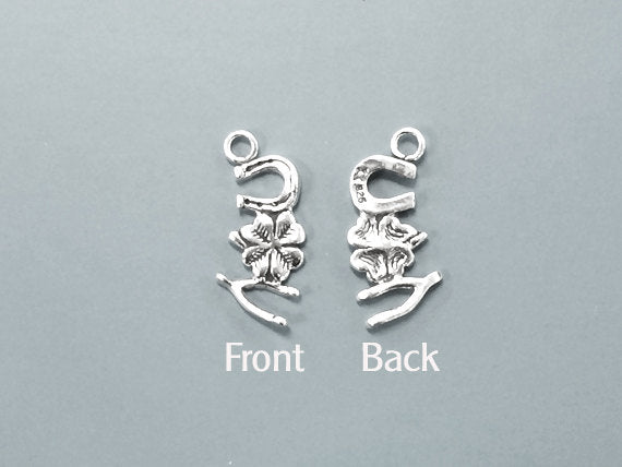 Good Luck Sterling Silver Charm,  Horse Shoe, Four Leaf Clover, Wish Bone - SP 327 - BeadPrism