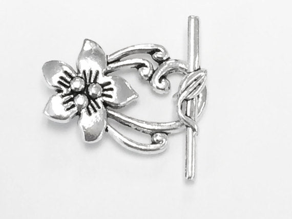 Silver Large Flower Toggle Clasp 5 sets PEWTER - PBF307 - BeadPrism