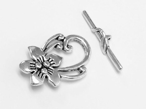 Silver Large Flower Toggle Clasp 5 sets PEWTER - PBF307 - BeadPrism