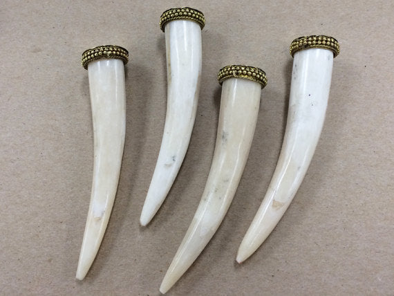 On SALE 5 Pcs Bone Horn Tusk tooth Pendant with Brass Cap Antique ivory Extra Large 4 Inch - TP120-5 - BeadPrism